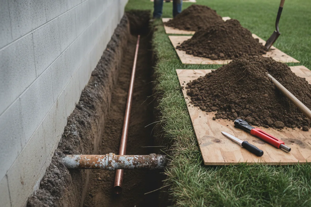 Excavated water line trench during Water Softener Installation in Sherburne